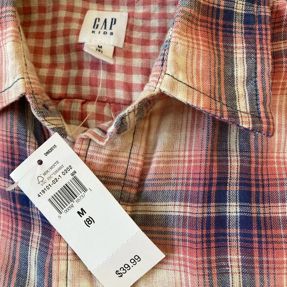 NWT Gap Kids Plaid Button Down Shirt Size 8 Medium‎ Blue Pink Spring